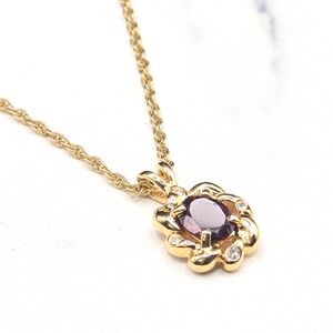 Gold Tone Oval Garnet Colored Red Gem and Rhinestone Pendant Necklace Rope Chain